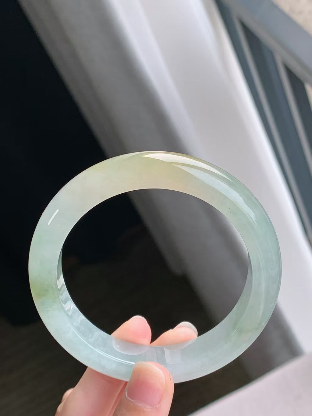 Icy Yellow Jadeite Bangle with Floating Green Patterns