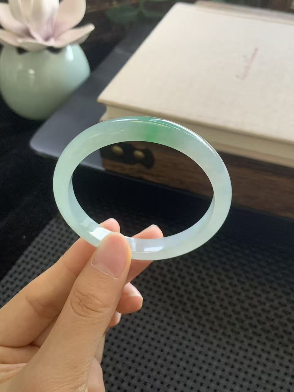 Ice-grade Jadeite Bangle with Floating Green