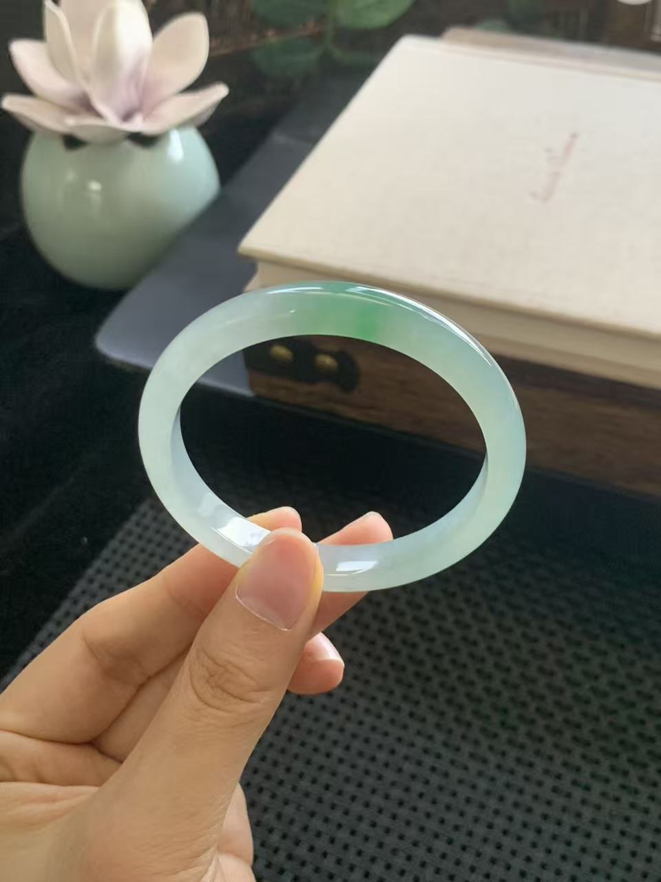 Ice-grade Jadeite Bangle with Floating Green