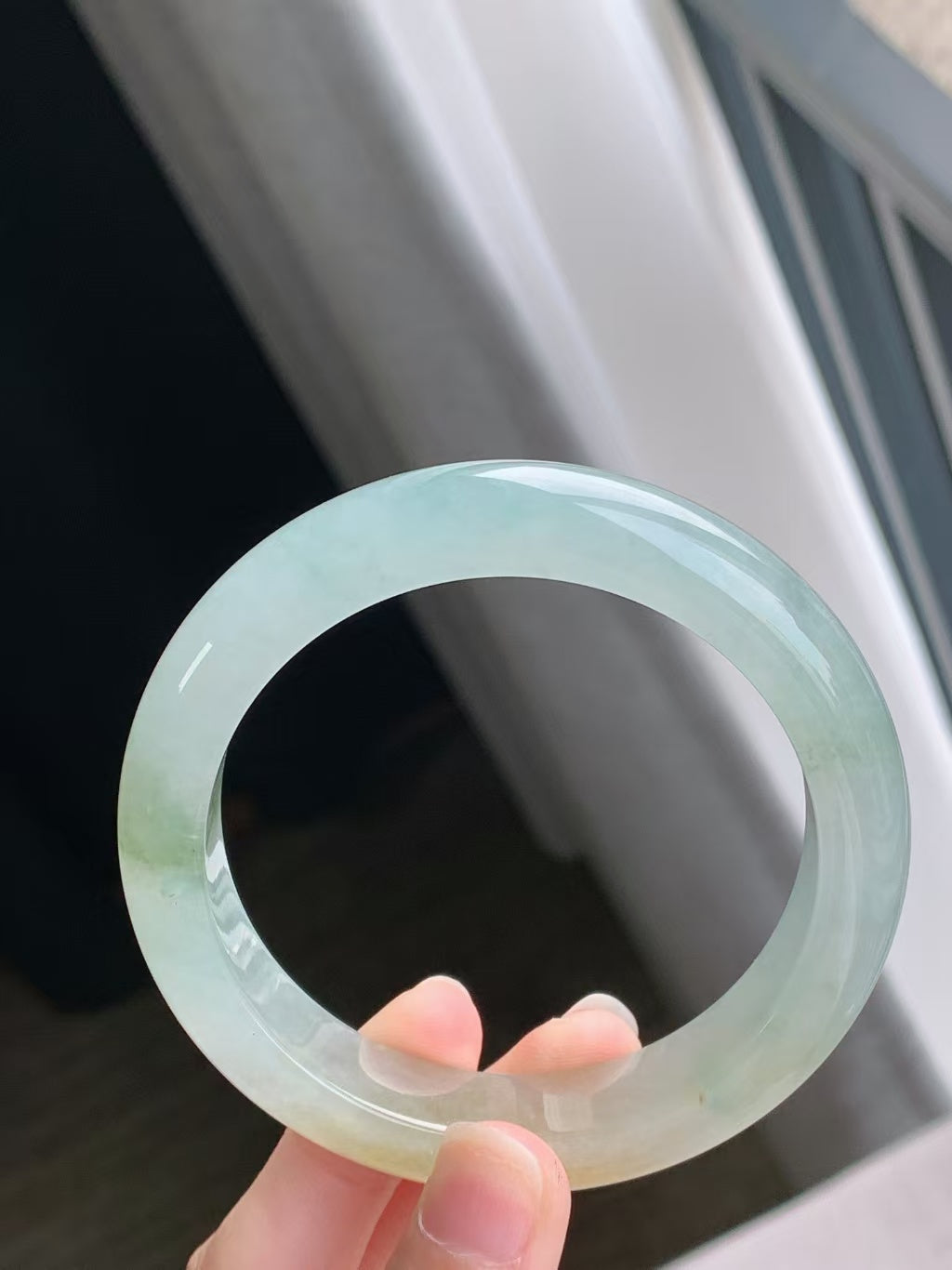 Icy Yellow Jadeite Bangle with Floating Green Patterns