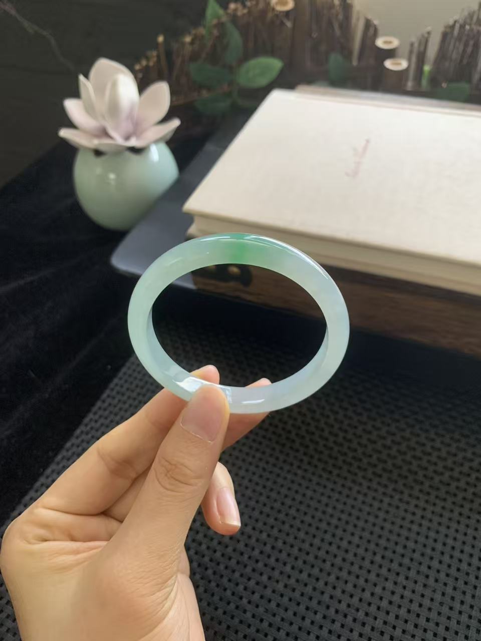 Ice-grade Jadeite Bangle with Floating Green