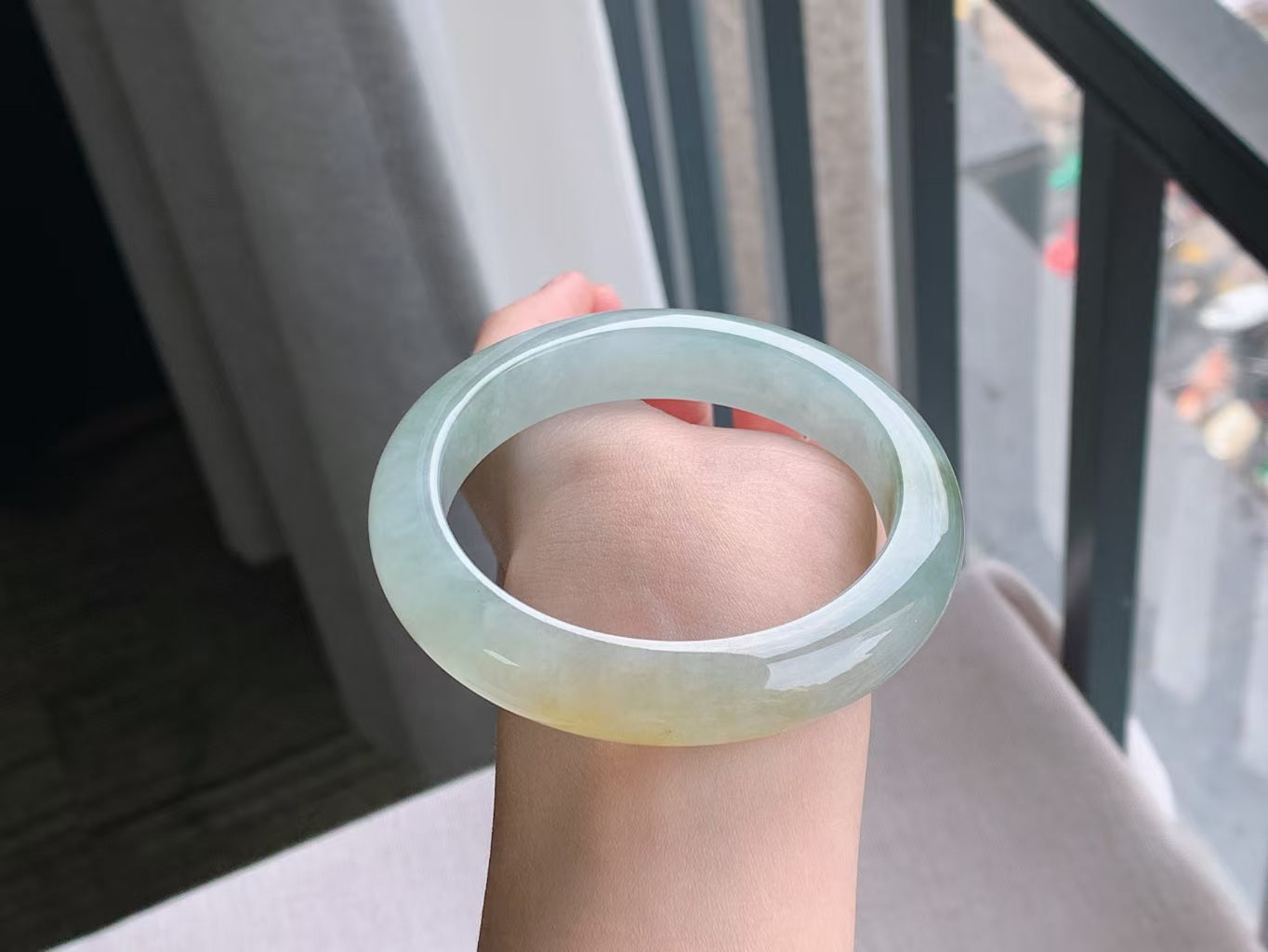 Icy Yellow Jadeite Bangle with Floating Green Patterns